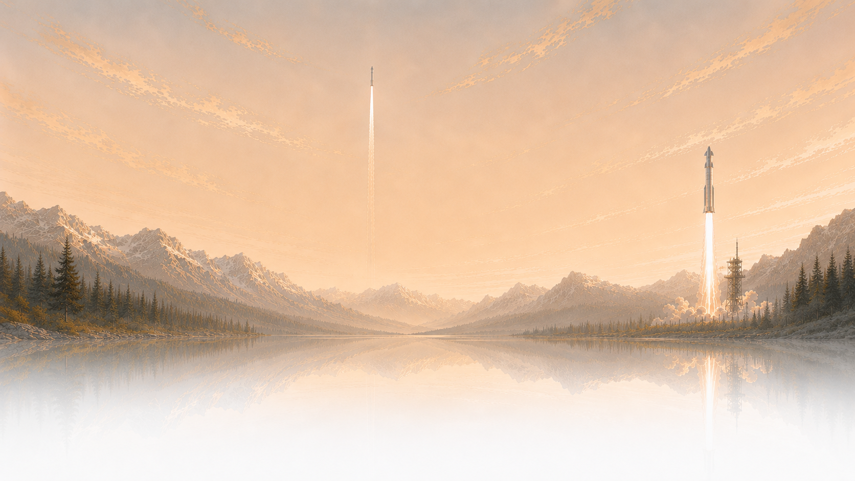 Rocket launching into the sky over a scenic landscape